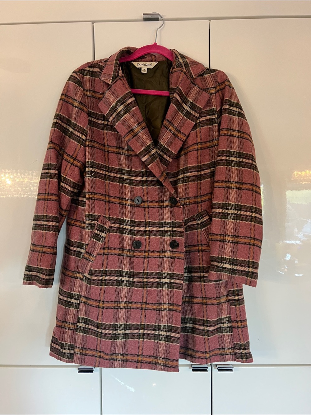 DAVI & DANI Pink Plaid Double-Breasted Pea Coat